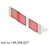 Lattice Fence and Gate with Columns Isolated. Lattice fence and gate with columns isolated on white. Gate with sliding system. Isometric projection. Metal and wooden gates and fences for yard in flat style design. Vector illustration. Стоковая иллюстрация, агентство Ingram Publishing / Фотобанк Лори