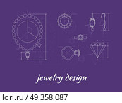 Jewelry Design Banner. Jewelry design banner. Ring, earring and necklace graphic scheme. Diamond shape. Blueprint outline jewelry. Craft jewelry making. A handmade jeweler process, manufacture of jewelery. Стоковая иллюстрация, агентство Ingram Publishing / Фотобанк Лори