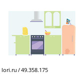 Kitchen Interior with Furniture. Kitchen interior with furniture in flat. Kitchen with oven, refrigerator, cooker hood, table, food. Stack of pancakes on the table. Isolated vector illustration on white background. Стоковая иллюстрация, агентство Ingram Publishing / Фотобанк Лори