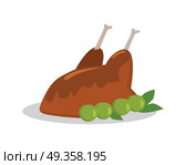 Grilled Delicious Chicken. Junk Food. Food banner. Grilled delicious meat Junk unhealthy food. Consumption of high calories nourishment food. Food that leads to overweight. Part of series of promotion healthy diet and good fit. Vector. Стоковая иллюстрация, агентство Ingram Publishing / Фотобанк Лори