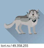 Grey Wolf in the Collar. Grey wolf in the collar with spikes outside. Wolf with showing fangs. Stylized fantasy character. Game object in flat design isolated on blue background. Vector illustration. Стоковая иллюстрация, агентство Ingram Publishing / Фотобанк Лори
