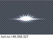 White Glowing Light Burst Vector Illustration. White glowing light burst. Vector illustration on transparent background. Design element with light effect. Horizontal flash light. For space science concepts, night sky, magic light illustrating. Стоковая иллюстрация, агентство Ingram Publishing / Фотобанк Лори