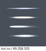 Set of Vector Light Line on Transparent Background. Set of vector light lines. Vector illustration on transparent background. Design element with light effect. Horizontal flash light. For ad visual effects design, science concepts, magic light. Стоковое фото, агентство Ingram Publishing / Фотобанк Лори