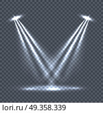 Illumination with Light Effects on Transparency. Illumination with bright light effects on transparent plaid background. Lighting with spotlights. Scene stage disco spotlight lights. Projectors light sources. Glowing glitter. Bright sparkle. Vector. Стоковое фото, агентство Ingram Publishing / Фотобанк Лори