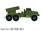 Military Vehicle with Rockets. Armoured Truck. Military vehicle with rockets isolated. Type of vehicle that includes all land combat and transportation vehicles used by military forces. Has vehicle armour plate and off-road capabilities. Vector. Стоковая иллюстрация, агентство Ingram Publishing / Фотобанк Лори