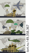 Military Infographic Banner with World Map. Vector. Military infographic banners with world map on background. Military soldier or officer with weapons. Airborne and infantry troops. War and ammunition concept. Men in camouflage combat uniform. Vector. Стоковая иллюстрация, агентство Ingram Publishing / Фотобанк Лори