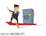 Escape With Money Concept Flat Design Vector. Escape with money concept vector. Flat design. Success. Financial crime, tax evasion, money laundering, political corruption illustration. Smiling man in business suit sailing away on boat with safe. Стоковая иллюстрация, агентство Ingram Publishing / Фотобанк Лори