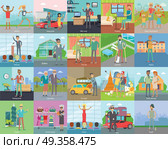Human Banners Set. People Activities. Vector. Human banners set. Athletics. Young people. Office work. Freelance. Family entertainment. Politician. Robber. First aid. Homebody. Student Working break Aged people Car repair Vector illustration. Стоковая иллюстрация, агентство Ingram Publishing / Фотобанк Лори