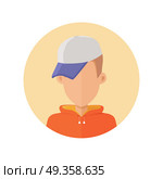 Young Man Avatar without Facial Features.. Stylish young man avatar or userpic in flat cartoon design. Sportive boy in cute cap. Close up portrait isolated. Part of series of diverse avatars without facial features. Vector illustration. Стоковое фото, агентство Ingram Publishing / Фотобанк Лори