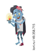 Zombie Isolated. Fictional Being Burning his Finger. Zombie character isolated. Fictional being burning his finger and smiling. Funny zombie cooking himself. Horror fantasy concept. Halloween science fiction man in flat style. Vector illustration. Стоковая иллюстрация, агентство Ingram Publishing / Фотобанк Лори