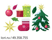 Set of Winter Holiday Attributes. Flat design vector. Illustrations of christmas tree in snow, green, red gift boxes, leaves, christmas stocking hung, star, toy. Christmas and New Year celebrating. Set of Winter Holiday Attributes Illustrations. Set of Winter Holiday Attributes Illustrations. Стоковая иллюстрация, агентство Ingram Publishing / Фотобанк Лори