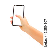 WARSAW, POLAND - DECEMBER 02,2017: Hand holding new Iphone X mobile phone over white background. New Iphone X. New Iphone X. Редакционное фото, агентство Ingram Publishing / Фотобанк Лори