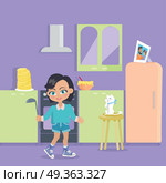 Little Girl Cooks Dinner at Home. Young Lady Bake. Little girl cooks dinner at home. Young lady with soup ladle at the kitchen. Adorable lady feeds cat with spoon. Girl cooks pancakes in flat style design. Surprise at breakfast. Vector illustration. Стоковая иллюстрация, агентство Ingram Publishing / Фотобанк Лори
