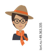 Portrait of Stylish Young Woman in Hat and Glasses. Portrait of stylish bussines woman in cartoon style with brown hair in white background. Young lady in brown hat with orange ribbon and orange scarf. Girl in black glasses. Vector illustration. Стоковая иллюстрация, агентство Ingram Publishing / Фотобанк Лори