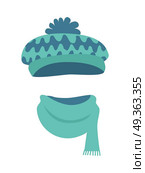 Hat. Stylish Warm Winter Headwear with Many Waves. Hat. Modern warm blue-green hat and long scarf. Contemporary headwear t with many colourful waves. Soft bright scarf with short lines on white background and flat design. Vector illustration. Стоковая иллюстрация, агентство Ingram Publishing / Фотобанк Лори