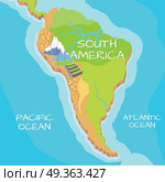 South America Map with Natural Attractions. South America isometric map with natural attractions. Cartography nature concept. Geographical map with local relief. North America continent between Pacific and Atlantic ocean. Vector illustration. Стоковая иллюстрация, агентство Ingram Publishing / Фотобанк Лори
