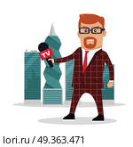 Panama Documents Concept Flat Vector Illustration. TV reporter with microphone on panama-city skyscrapers background. Corruption disclosure. International financial investigation concept. Offshore documents scandal illustration. Vector in flat design. Стоковая иллюстрация, агентство Ingram Publishing / Фотобанк Лори
