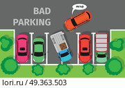 Bad Parking. Car Parked in Inappropriate Way.. Bad parking. Car parked in inappropriate way. Driver annoying everyone. Bad car driver. Parking zone conceptual web banner. Rude disrespectful impolite driver in parking lot or car park. Vector. Стоковая иллюстрация, агентство Ingram Publishing / Фотобанк Лори