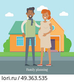 Family Planning Banner. Man and Woman Expect Baby. Family planning banner. Man and woman expecting baby. Young family. Pregnant woman, pregnancy female belly. Future mother and father characters vector. Pregnant woman lifestyle. Happy maternity. Стоковая иллюстрация, агентство Ingram Publishing / Фотобанк Лори