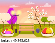 Spring Scenery. Urban Park with Bench, Flower Beds. Spring scenery. Urban park with bench, flower beds, colorful trees, sakura blossom. Beautiful spring landscape. Vivid natural panorama. Street lamp, garbage bin. Eco clean environment. Vector. Стоковая иллюстрация, агентство Ingram Publishing / Фотобанк Лори