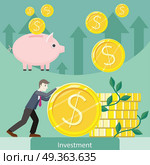 Investment concept flat style vector. Smiling businessman rolls giant gold dollar coin near stack of money. Coins falling in piggybank. Increasing capital and profits. Wealth and savings growing. . Investment Concept Flat Style Vector Illustration. Investment Concept Flat Style Vector Illustration. Стоковая иллюстрация, агентство Ingram Publishing / Фотобанк Лори