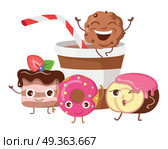 Bon Appetit. Funny Cartoon Characters Banner.. Bon appetit. Funny cartoon characters banner. Cupcake, doughnut, chocolate biscuit, cookies, cup of cola or soda. Smiling confectionery. Set of sweets in flat style design. Confection illustration. Стоковая иллюстрация, агентство Ingram Publishing / Фотобанк Лори