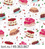 Tasty Celebratory Cakes Vector Seamless Pattern. Tasty celebratory cakes seamless pattern. Decorated with colored frosting, fruits, chocolate, cream cakes flat vector illustrations on white background. For greeting card, wrapping paper. Стоковая иллюстрация, агентство Ingram Publishing / Фотобанк Лори