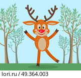Wild animal in nature funny cartoon. Cute horned reindeer dancing on forest lawn flat vector illustration. Flora and fauna. For travel, nature, habitat, environmental protection concept design. Cute Deer in Forest Cartoon Flat Vector. Cute Deer in Forest Cartoon Flat Vector. Стоковая иллюстрация, агентство Ingram Publishing / Фотобанк Лори