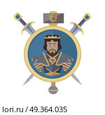 Coat of Arms Shield with Swords Illustration.  . Coat of arms shield with swords and hummer vector. Flat style. Cold weapon and armor with king portrait. Illustration for games industry concepts, icons and pictograms. Isolated on white background. Стоковая иллюстрация, агентство Ingram Publishing / Фотобанк Лори