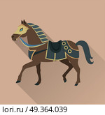 Brown Horse in Gold Collar. Isolated Avatar Icon. Brown horse with long shadow. Isolated avatar icon with swords. Steady strong horse. Stylized fantasy character. War concept. Part of series of game objects in flat design. Vector illustration. Стоковая иллюстрация, агентство Ingram Publishing / Фотобанк Лори
