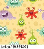 Set of Seamless Pattern with Good and Bad Bacteria. Set of seamless patterns with good and bad bacteria cartoon characters. Funny virus germs in flat style. Microbes endless texture. Dangerous organisms parasites. Wallpaper design. Vector illustration. Стоковая иллюстрация, агентство Ingram Publishing / Фотобанк Лори