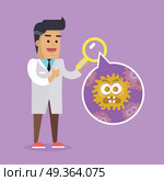 Scientist Man Investigate Bacterium. Vector. Scientist man investigate bacterium with help of magnifying glass. Bacteriologist in white gown inspects viruses. Bacteria in bubble vector illustration. Flat cartoon style. Angry bacteria monster. Стоковая иллюстрация, агентство Ingram Publishing / Фотобанк Лори