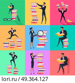 Set of Book Reading Concept Vectors In Flat Design. Set of reading books concept vectors. Flat design. Man and woman characters in business clothes  with stack of books. Self-education, educational level, getting knowledge, literature reading concepts. Стоковая иллюстрация, агентство Ingram Publishing / Фотобанк Лори