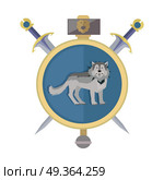 Grey Wolf in Gold Circle. Game Object. Grey wolf in gold circle. Isolated avatar icon with swords. Wolf with showing fangs. Stylized fantasy character. War concept. Part of series of game objects in flat design. Vector illustration. Стоковая иллюстрация, агентство Ingram Publishing / Фотобанк Лори