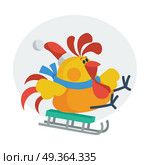 Rooster Bird Skate on Sledge. Cock in Santa s Hat. Rooster bird skate on sledge. Cock in Santa s hat go in for sport. Chinese calendar zodiac cock horoscope. Chicken character collection in flat. New year xmas greeting card. Vector illustration. Стоковая иллюстрация, агентство Ingram Publishing / Фотобанк Лори