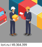 Cargo Worker and Foreman Talking in Warehouse.. Cargo worker and foreman with clip board talking in warehouse. Supervisor checking containers data. Inspector controlling working process in the seaport. Coworkers near cargo containers. Vector. Стоковая иллюстрация, агентство Ingram Publishing / Фотобанк Лори