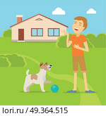 Sanguine Temperament Type Boy with Dog.. Sanguine temperament type boy playing on the yard with his adorable dog. Happy and cheerful man having fun with pet. Optimistic and social person near native home. Vector illustration in flat style. Стоковая иллюстрация, агентство Ingram Publishing / Фотобанк Лори
