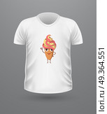 T-shirt Front View with Food Isolated on White. T-shirt front view with food isolated. Realistic t-shirt vector in flat. Ice cream characters boy and girl, doughnut, croissant. Casual wear. Cotton unisex polo outfit. Fashionable apparel. Стоковая иллюстрация, агентство Ingram Publishing / Фотобанк Лори