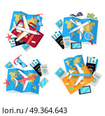 Collection of Four Travel Sets. Vector for Tourist. Informative vector poster for journey and traveling. Set of tourist things. Plane, visa, passport, map, photo gives a trip atmosphere. Trip concept collection illustration. Objects isolated on white. Стоковая иллюстрация, агентство Ingram Publishing / Фотобанк Лори