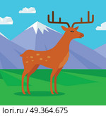 Young fallow deer male with horns on mountain meadow with snowy mountains behind. Flat style vector. North nature beauty. For travel, nature concept, children s book illustrating, printing material. Fallow-deer in habitat Flat Design Illustration . Fallow-deer in habitat Flat Design Illustration . Стоковая иллюстрация, агентство Ingram Publishing / Фотобанк Лори