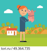 Woman Holds Pig in Hand Country Farm on Background. Woman holds pig in hand. Country farm on background. Farmer girl with her adorable pet in countryside. Small pink piggy with his mistress. Summer holidays in village in flat style. Vector illustration. Стоковая иллюстрация, агентство Ingram Publishing / Фотобанк Лори