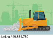 Bulldozer on construction vector concept. Dozer pushing bricks, silhouette of buildings and cranes on background. Industrial machine. For construction theme illustrating, building companies ad. Bulldozer on Construction Flat Vector Concept. Bulldozer on Construction Flat Vector Concept. Стоковая иллюстрация, агентство Ingram Publishing / Фотобанк Лори