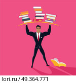 Power of Knowledge Concept Vector in Flat Design.. Reading power vector concept. Flat design. Intellectual strength. Man character in business suit holding stacks of books over head. Self-education, and literature reading. On pink background. . Стоковая иллюстрация, агентство Ingram Publishing / Фотобанк Лори