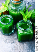 Mint essential oil in a glass bottle.Herbal medicine.Natural herbal cosmetics. Natural mint essential oil. Natural mint essential oil. Стоковое фото, агентство Ingram Publishing / Фотобанк Лори