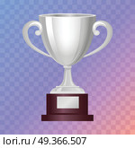 Silver Cup on Big Base with Light Blue Background. Silver cup on big base. Real award. 3d icon. Contemporary great shiny and glossy, brightly trophy on brown base. Win. Achievement. Flat design. Vector illustration. Стоковая иллюстрация, агентство Ingram Publishing / Фотобанк Лори