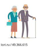 Aged People Walk Isolated. Happy Senior Man Woman. Aged people walking isolated on white. Happy senior man and woman together. Middle aged couple. Older man and woman having fun together. Senility old aged senium in flat design. Vector illustration. Стоковая иллюстрация, агентство Ingram Publishing / Фотобанк Лори