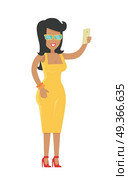 Elegant Rich Brunette Woman in Sunglasses Isolated. Elegant rich brunette woman in sunglasses isolated on white. Rich woman in expensive dress makes selfie. Successful business woman. Young lady in stylish apparel. Vector illustration in flat design. Стоковая иллюстрация, агентство Ingram Publishing / Фотобанк Лори