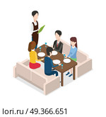 In Restaurant Waiter with Notebook Taking Order. In Restaurant waiter with notebook taking order. Table for four people. Two male and two female customers are sitting at brown table. Two light sofas. Four plates and glasses are on table. Vector. Стоковая иллюстрация, агентство Ingram Publishing / Фотобанк Лори