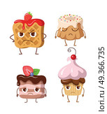 Sweets. Set of Belgian Waffle and Three Cupcakes. Sweets. Set of belgian waffle, fruit cupcake, round cake, small cake. Belgian waffle with jam and strawberry. Chocolate cupcake with topping and balls. Piece of cake with chocolate cream. Vector. Стоковая иллюстрация, агентство Ingram Publishing / Фотобанк Лори