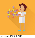 Scientists Woman at Work. Scientists woman in white robe at work. Scientist physicist holding model of a mineral crystal structure. Scientists in lab. Science and technology development, scientific research, lab research. Стоковая иллюстрация, агентство Ingram Publishing / Фотобанк Лори